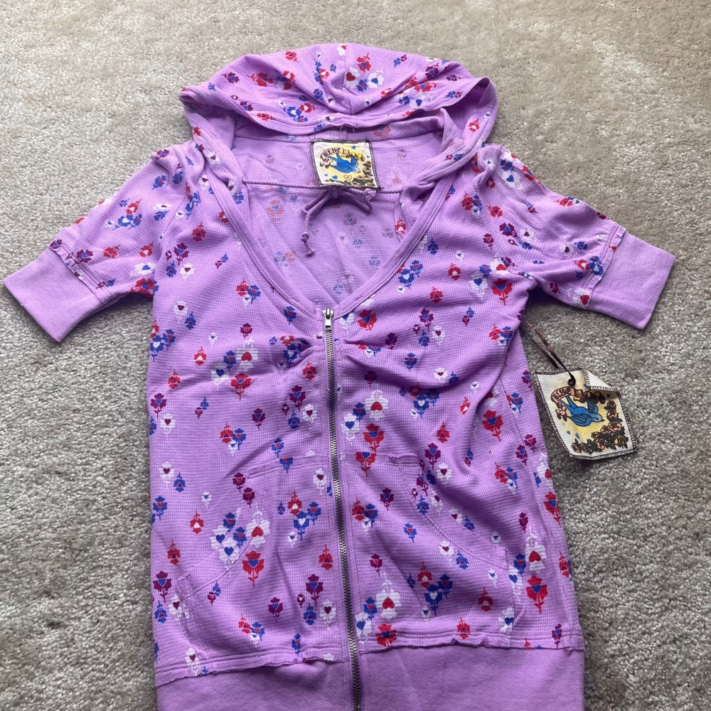 Blue Bird Womens Purple Waffle Knit Floral Heart Short Sleeve Zip Up Hoodie M
